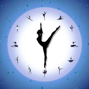 May include: A decorative clock face featuring a silhouette of a ballerina in a graceful pose. Surrounding the central figure are smaller silhouettes of ballerinas in various dance positions, set against a light blue background with a dark blue border.