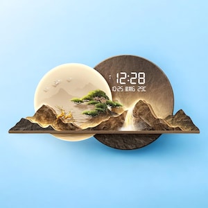Modern Landscape Wall Clock with LED Light, Large Horizontal Art Clock