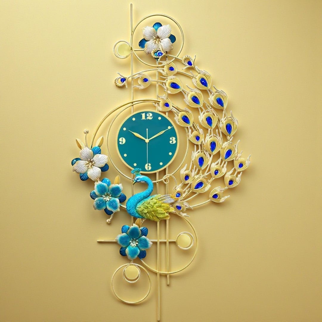 Peacock Wall Clock, Luxury Metal Art Clock, Large Modern