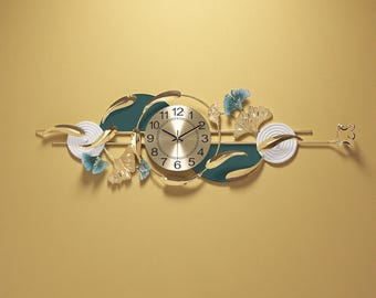 Modern Abstract Metal Wall Clock, Black Gold Designer Clock, Silent Movement