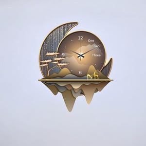 May include: A decorative wall clock with a nature-inspired design. The clock features a brown clock face with gold accents, a crescent moon shape, and a mountain landscape with deer. The clock hands are black.