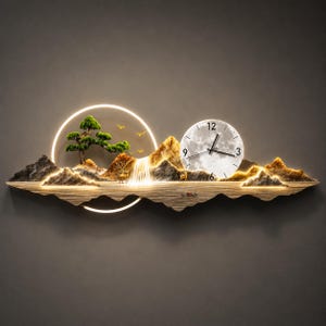 LED Landscape Clock, Modern Mountain Decor, Silent Moon Art for Living Room