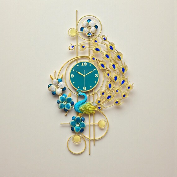 Peacock Wall Clock, Luxury Metal Art Clock, Large Modern