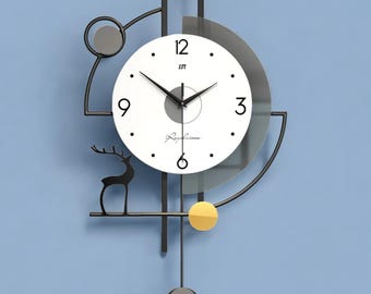 Modern Geometric Wall Clock with Pendulum – Metal Silent Design for Living Room Decor