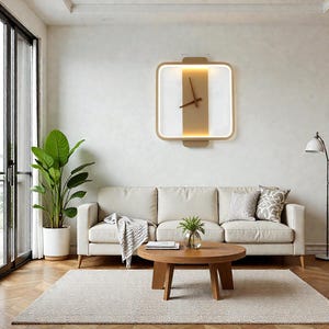 Peut inclure: Un salon moderne avec un canapé beige, une table basse ronde en bois et une grande plante en pot. Une horloge murale carrée et éclairée avec un cadre beige et un centre blanc est suspendue au-dessus du canapé. Un tapis de couleur claire recouvre le sol.