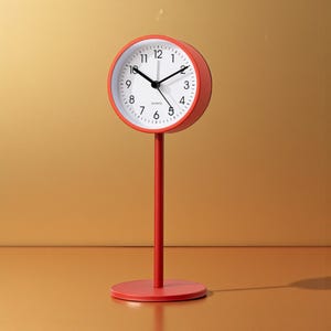 Könnte beinhalten: Eine rote Quarz-Schreibtischuhr mit weißem Zifferblatt und schwarzen Zeigern. Die Uhr hat ein rundes Zifferblatt und ist auf einem roten Ständer mit kreisförmiger Basis montiert. Die Uhr ist ein modernes Design.