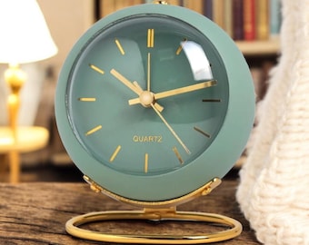 Retro Green Desk Clock, Minimalist Vintage Style Table Clock with Gold Stand.