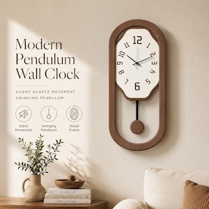 May include: An oval wall clock with a dark wood frame and a white face featuring black numerals. The clock includes a swinging pendulum and text reading Modern Pendulum Wall Clock, Silent Quartz Movement, Swinging Pendulum, Silent Movement, and Wood Frame.