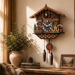 May include: A wooden cuckoo clock featuring a chalet-style roof, a black circular clock face with white Roman numerals, a small bird, a water wheel, and two figures. The clock has two hanging pinecone-shaped weights suspended by metal chains.
