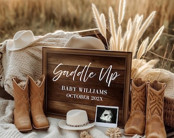 Western Pregnancy Announcement Template | Saddle Up Baby Reveal | Cowboy Baby Announcement | Rustic Neutral | Editable Canva