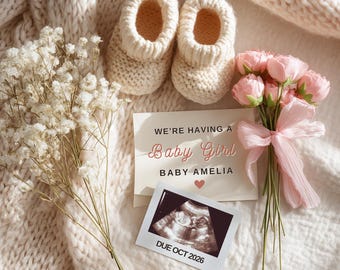 Elegant Baby Girl Pregnancy Announcement Template | Minimal Neutral Floral Baby Reveal | Editable Canva | Soft Modern