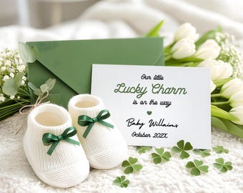 Lucky Charm Baby Announcement | St Patrick Pregnancy Reveal | Minimalist Editable Canva Template
