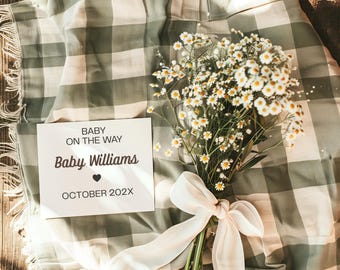 Neutral Pregnancy Announcement Template | Boho Modern Sage Green Gingham Flatlay | Editable Canva