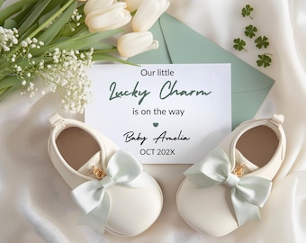 Elegant St Patrick Lucky Charm Girl Baby Announcement | Minimalist Editable Canva Pregnancy Reveal Template