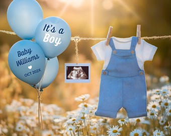 Boho Minimalist Baby Boy Pregnancy Announcement Template | It’s a Boy Balloon Reveal | Editable Canva