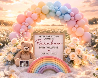 Rainbow Baby Pregnancy Announcement Template | After the Storm Comes a Rainbow | Neutral Boho Baby Reveal | Social Media Share