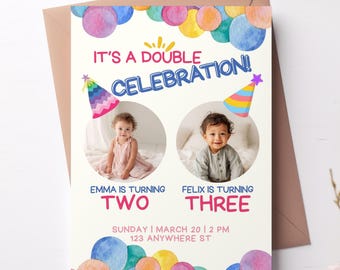 Sibling Birthday Invitation | Joint Party, Boy and Girl (Canva Editable, Printable & Digital)