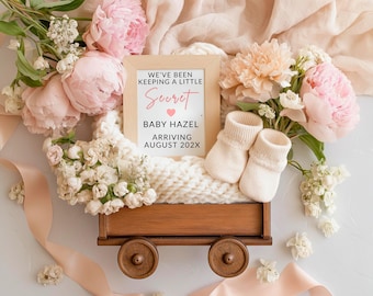 Floral Baby Girl Announcement Template | Romantic Pregnancy Reveal with Baby Wagon | Editable Canva