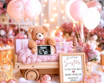 Pregnancy Announcement Template | Little Sister Baby Girl Reveal | Pink Nursery Style | Editable Canva | Ultrasound Optional