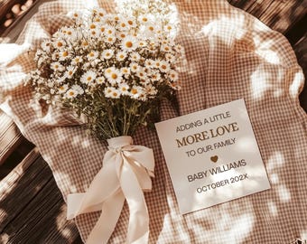 Minimalist Pregnancy Announcement Template | Adding A Little More Love | Neutral Beige | Editable Canva