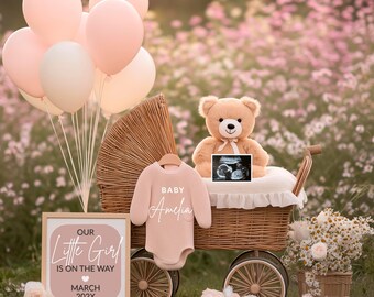 Baby Girl Pregnancy Announcement Template | Boho Neutral Spring Baby Reveal | Teddy Bear Wagon | Editable Canva | Social Media