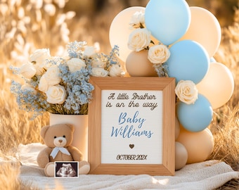 Little Brother Baby Boy Announcement Template | Boho Modern Elegant Pregnancy Reveal | Editable Canva |