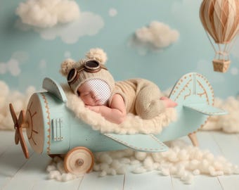 PNG: Face Insert, Blue Vintage Airplane | Whimsical Baby Prop | Newborn Digital Backdrop