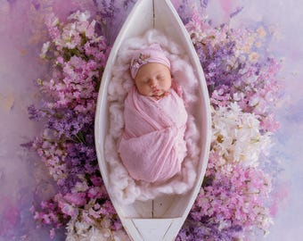 Floral Boat Newborn Digital Backdrop, Pink Purple Flowers (JPEG, 300 DPI)