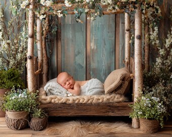 Spring Whispers: Newborn Digital Backdrop with Blossoming Branches and Cozy Nest Theme