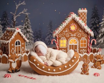PNG Cozy Gingerbread House Newborn Digital Backdrop | Christmas Baby Background