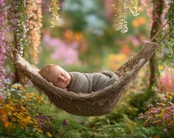 Enchanted Floral Swing Newborn Digital Backdrop | Lavender Baby Photography Background | Spring Garden Composite Prop