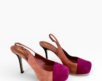 Vintage YSL suède slingback pumps met colorblock en plateauzool – roze magenta marineblauw Italiaanse maat 39