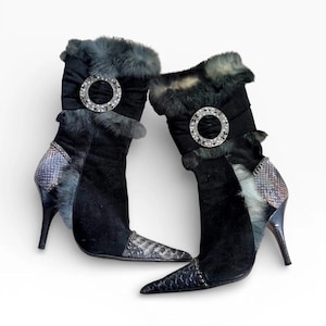 El Dantes Black Suede Python Fur Crystal Brooch Stiletto Boots (EU 37)