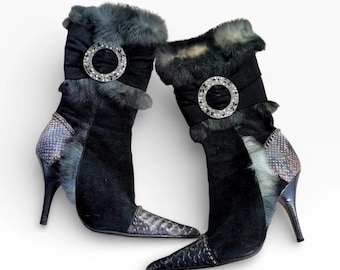 El Dantes zwarte suède pythonbont kristal broche stiletto laarzen (EU 37)