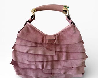 Yves Saint Laurent Mombasa Ruffle Suede Handbag – Dusty Rose Horn Handle Y2K