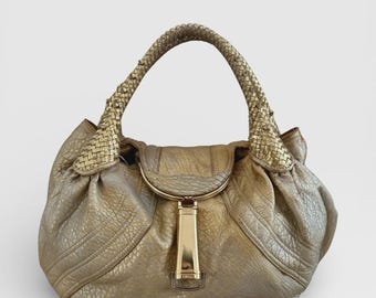 Fendi Spy Bag metallic goud kiezelleer geweven handgrepen FF Zucca-voering (archief 2005)
