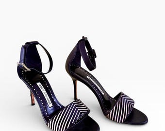 Manolo Blahnik-kalfsleren stilettosandalen met chevronmotief (maat 36) – Italiaanse handgemaakte avondkleding