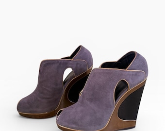 Yves Saint Laurent Suede Wedge Booties: Gray, Bronze Trim, Peep Toe, Size 6.5