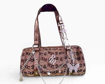 Vintage Rocawear Monogram Barrel Bag: Y2K Butterfly Charm, Rhinestone R Logo