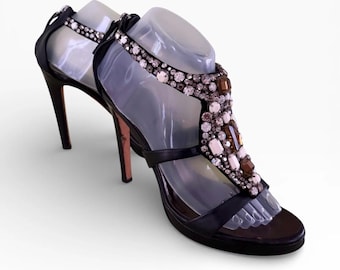 Giuseppe Zanotti zwart leer met kristallen verfraaide platformhakken EU 38