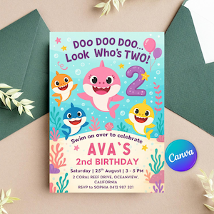 Op de afbeelding: Een kleurrijke verjaardagsuitnodiging met cartoon haaien en de tekst "Doo Doo Doo... Look Who's TWO!" De uitnodiging bevat de naam "AVA'S" en evenementdetails.