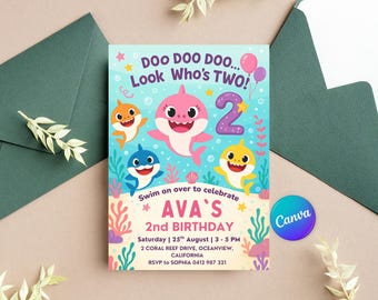 Peut inclure: Une invitation d'anniversaire colorée avec des requins de dessins animés et le texte "Doo Doo Doo... Look Who's TWO !" L'invitation comprend le nom "AVA'S" et les détails de l'événement.