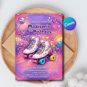 Puede incluir: Una colorida invitación para una fiesta de 8 cumpleaños con patines. El diseño incluye el texto "Let's Skate & Celebrate!" y "Madison's 8th Birthday." La invitación también incluye la fecha, hora y lugar de la fiesta.