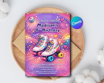 May include: A colorful invitation for an 8th birthday party featuring roller skates. The design includes the text "Let's Skate & Celebrate!" and "Madison's 8th Birthday." The invitation also includes the date, time, and location of the party.