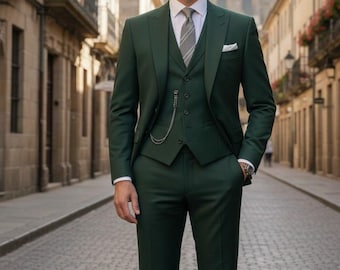 メンズ ダークグリーン 3ピーススーツ – スリムフィット 結婚式