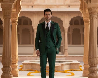 メンズダークグリーンスーツ：テーラードフィット、ダブルブレスト