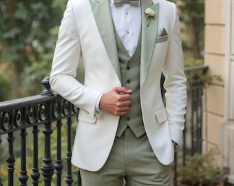 Ivory Blazer Sage Green Vest Suit: 3-Piece Wedding Prom Outfit