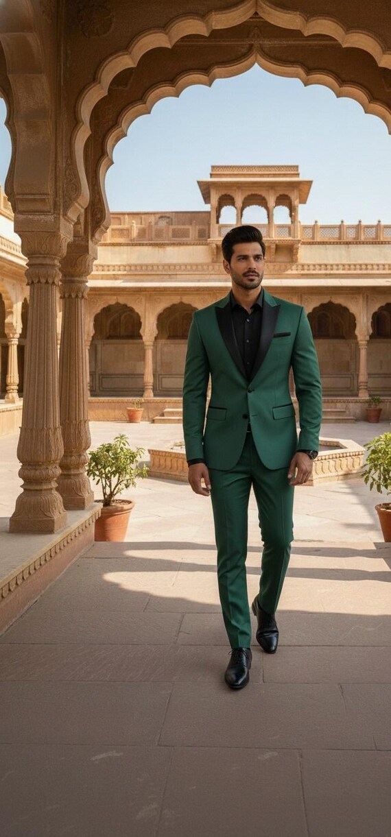 Men's Emerald Green 2-Piece Suit - Tailored Slim-Fit Blazer Trousers for Weddings, Parties Festive Wear
