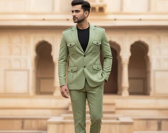Men’s Green 2-Piece Safari Suit with Single-Breasted Jacket, Four Flap Pockets & Shoulder Detailing