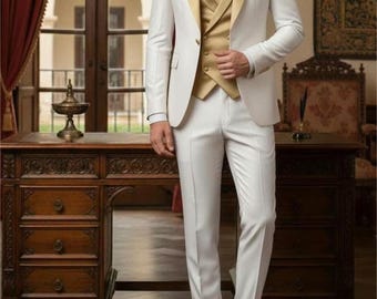 Traje de novio de 3 piezas blanco y dorado para hombre – Conjunto de esmoquin de boda de corte ajustado